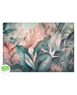 Fototapeta 3D na ścianę  na wymiar flizelinowa różowo zielone liście tropikalne studiograf