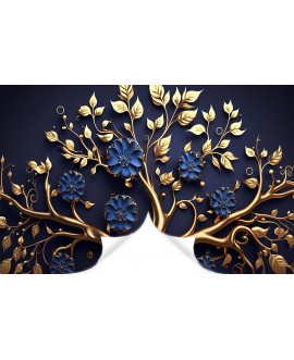 Fototapeta 3D na ścianę  na wymiar flizelinowa granatowe niebieskie kwiaty złote drzewo napisy studiograf
