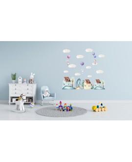 Naklejka na ścianę dla dzieci króliczki balony domki chmurki