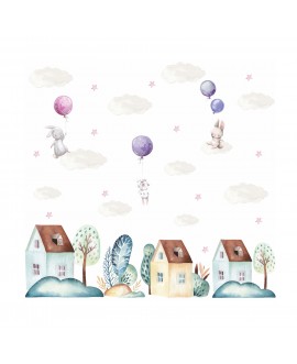 Naklejka na ścianę dla dzieci króliczki balony domki chmurki studiograf