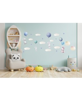 Naklejka na ścianę dla dzieci króliczki balony chmurki motyle