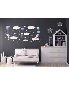 Naklejka na ścianę dla dzieci króliczki balony chmurki gwiazdki