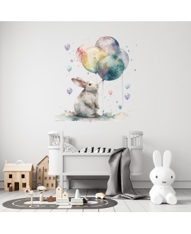 Naklejki na ścianę dla dzieci królik zajączek króliczek z tęczowymi kolorowymi balonami studiograf