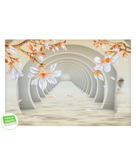 Fototapeta 3D na ścianę  na wymiar flizelinowa  tunel 3D złocistopomarańczowe białe kwiaty studiograf