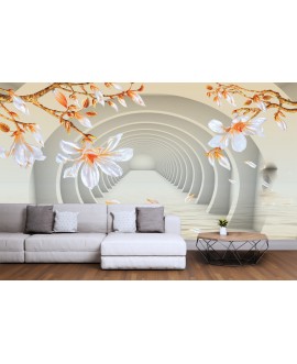 Fototapeta 3D na ścianę  na wymiar flizelinowa  tunel 3D złocistopomarańczowe białe kwiaty studiograf