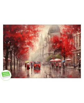 Fototapeta 3D na ścianę malowane deszczowe miasto czerwone liście jesień na wymiar flizelinowa studiograf