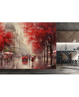Fototapeta 3D na ścianę malowane deszczowe miasto czerwone liście jesień na wymiar flizelinowa studiograf