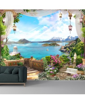 Fototapeta 3D na ścianę rajski widok z balkonu wyspy kwiaty na wymiar flizelinowa studiograf