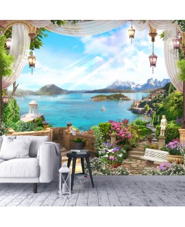 Fototapeta 3D na ścianę rajski widok z balkonu wyspy kwiaty na wymiar flizelinowa studiograf
