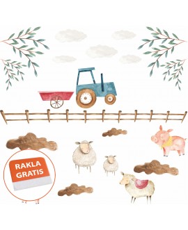 Naklejka na ścianę dla dzieci farma zwierzątka traktor chmurki