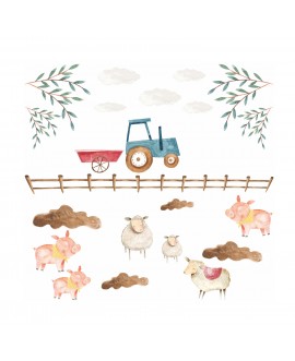 Naklejka na ścianę dla dzieci farma zwierzątka traktor chmurki studiograf
