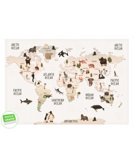 Fototapeta dla dzieci dziecięca samoprzylepna mapa świata zwierzęta beżowa edukacyjna studiograf