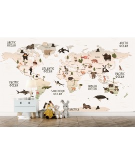 Fototapeta dla dzieci dziecięca samoprzylepna mapa świata zwierzęta beżowa edukacyjna studiograf