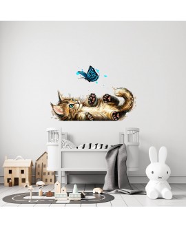 Naklejka na ścianę dla dzieci kotek motylek kot bawiący się z motylkiem naklejki dla dziewczynek dla chłopców studiograf