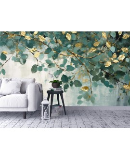 Fototapeta 3D na ścianę zielono-złote liście drzewo malowane samoprzylepna tapeta na wymiar flizelinowa studiograf