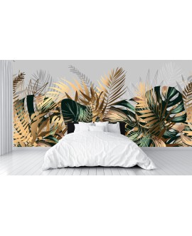 Fototapeta 3D na ścianę tropikalne liście zielono-złote samoprzylepna tapeta na wymiar flizelinowa studiograf