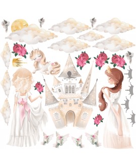 Naklejka na ścianę dla dzieci naklejki dla dziewczynek księżniczki zamek jednorożec chmurki kwiaty studiograf