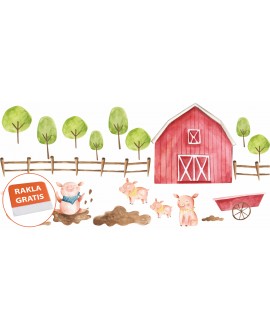 Naklejka na ścianę dla dzieci farma świnki stodoła drzewa