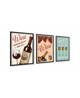 Zestaw 3 plakatów obrazków grafik postery retro wino winogrona wine studiograf