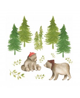 Naklejka na ścianę dla dzieci las niedźwiedzie drzewa liście