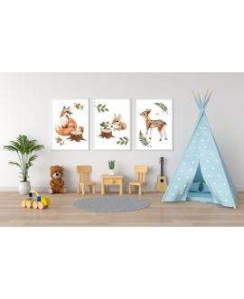 Zestaw 3 obrazków plakatów dla dzieci lis zając sarenka zwierzątka leśne studiograf