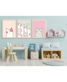 Zestaw 3 obrazków plakatów dla dzieci koty kolorowe kotki zwierzęta studiograf