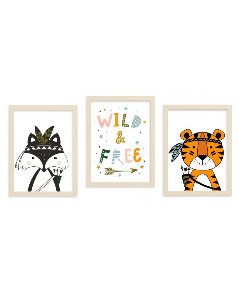 Zestaw 3 obrazków plakatów dla dzieci tygrysek napis indiański motyw Wild and Free studiograf