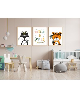 Zestaw 3 obrazków plakatów dla dzieci tygrysek napis indiański motyw Wild and Free studiograf