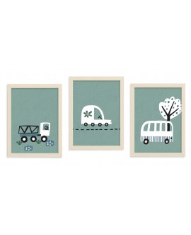 Zestaw 3 obrazków plakatów dla dzieci rysunkowe samochody zielony groszki drzewa krzaczki studiograf