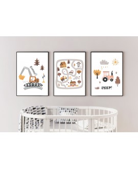 Zestaw 3 obrazków plakatów dla dzieci koparka traktor miasteczko samochody maszyny drzewa studiograf