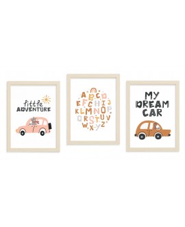 Zestaw 3 obrazków plakatów dla dzieci alfabet samochody angielskie hasła rysunkowe zwierzątka studiograf