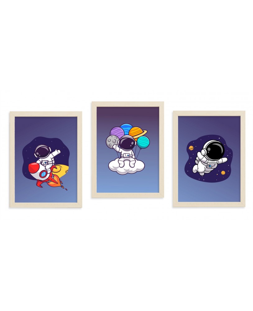 Zestaw 3 obrazków plakatów dla dzieci astronauta planety chmurka rakieta kosmos galaktyka studiograf