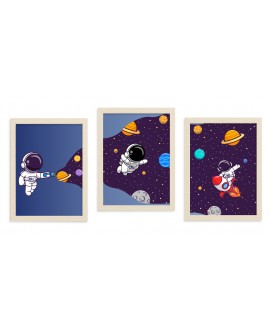 Zestaw 3 obrazków plakatów dla dzieci kosmos planety rakieta kosmonauci astronauci gwiazdy studiograf