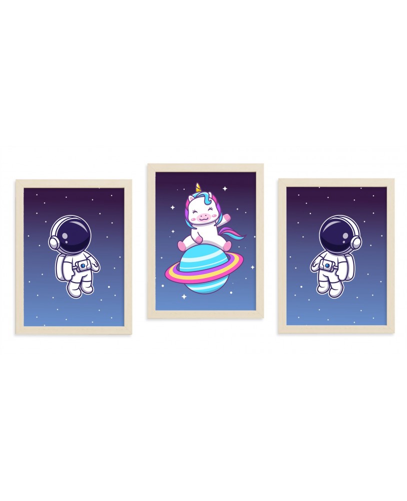 Zestaw 3 obrazków plakatów dla dzieci jednorożec kosmos grafiki kosmonauci planeta studiograf
