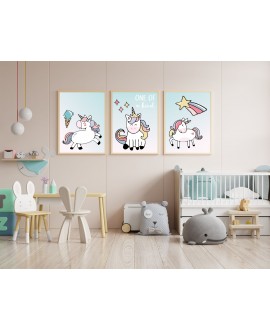 Zestaw 3 obrazków plakatów dla dzieci jednorożce lody gwiazdki tęcza różowo niebieskie studiograf