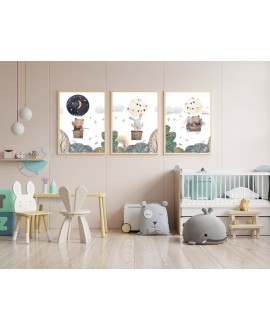Zestaw 3 obrazków plakatów dla dzieci balony króliczek misie chmurki motyle studiograf