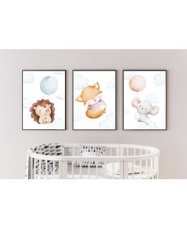 Zestaw 3 obrazków plakatów dla dzieci zwierzątka balony jeżyk lisek myszka chmurki baloniki studiograf