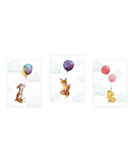Zestaw 3 obrazków plakatów dla dzieci zwierzątka balony chmurki sarenka lisek kaczuszka kwiaty studiograf