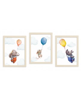 Zestaw 3 obrazków plakatów dla dzieci zwierzęta balony zwierzątka myszka słoń nosorożec chmurki studiograf