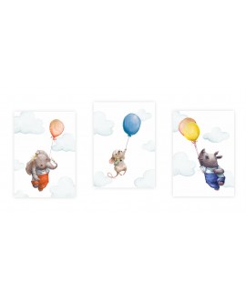 Zestaw 3 obrazków plakatów dla dzieci zwierzęta balony zwierzątka myszka słoń nosorożec chmurki studiograf