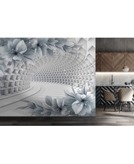 Fototapeta 3D na ścianę na wymiar flizelinowa białe geometryczne kształty tunel perspektywa kwiaty samoprzylepna studiograf