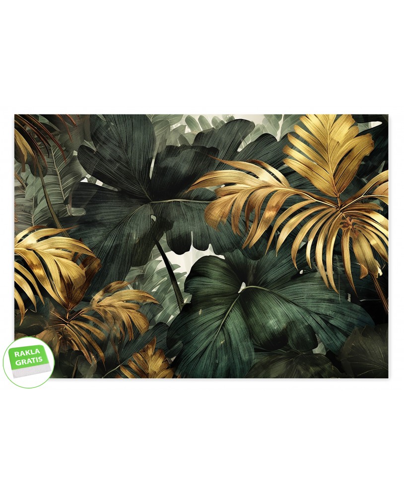 Fototapeta zielone liście dżungla na wymiar złoto imitacja tropikalne duże liście tapeta struktura studiograf