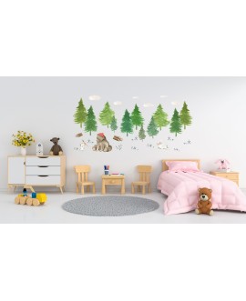 Naklejka na ścianę dla dzieci las niedźwiedź króliki drzewa chmurki