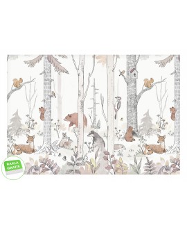 Fototapeta rysunkowy las zwierzątka na wymiar dla dzieci leśne zwierzęta drzewa las delikatna tapeta studiograf