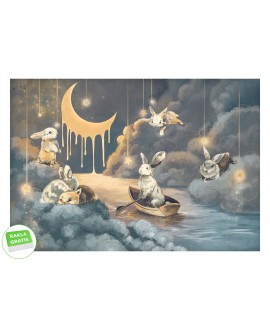 Fototapeta króliczki księżyc chmurki na wymiar dla dzieci słodkie króliki tapeta dla dziewczynki samoprzylepna gładka studiograf