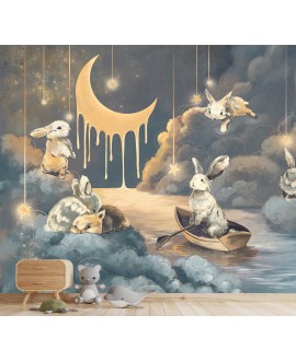 Fototapeta króliczki księżyc chmurki na wymiar dla dzieci słodkie króliki tapeta dla dziewczynki samoprzylepna gładka studiograf