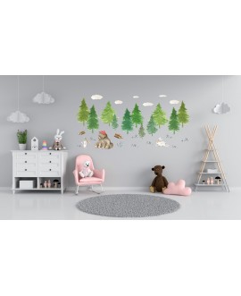 Naklejka na ścianę dla dzieci las niedźwiedź króliki drzewa chmurki studiograf