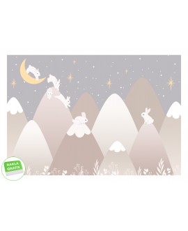 Fototapeta różowe góry króliczki na wymiar dla dzieci listki gwiazdki księżyc tapeta dla dziewczynki studiograf