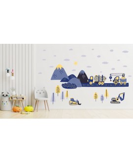 Naklejka na ścianę dla dzieci koparki maszyny budowa naklejki dla chłopca niebiesko-żółte koparki góry studiograf