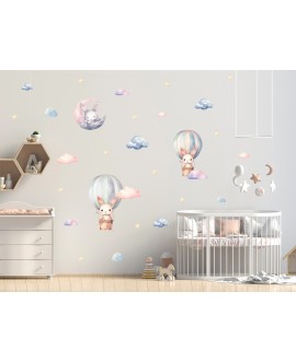 Naklejka na ścianę dla dzieci tęczowe króliczki balony chmurki księżyc naklejki dla dziewczynek studiograf